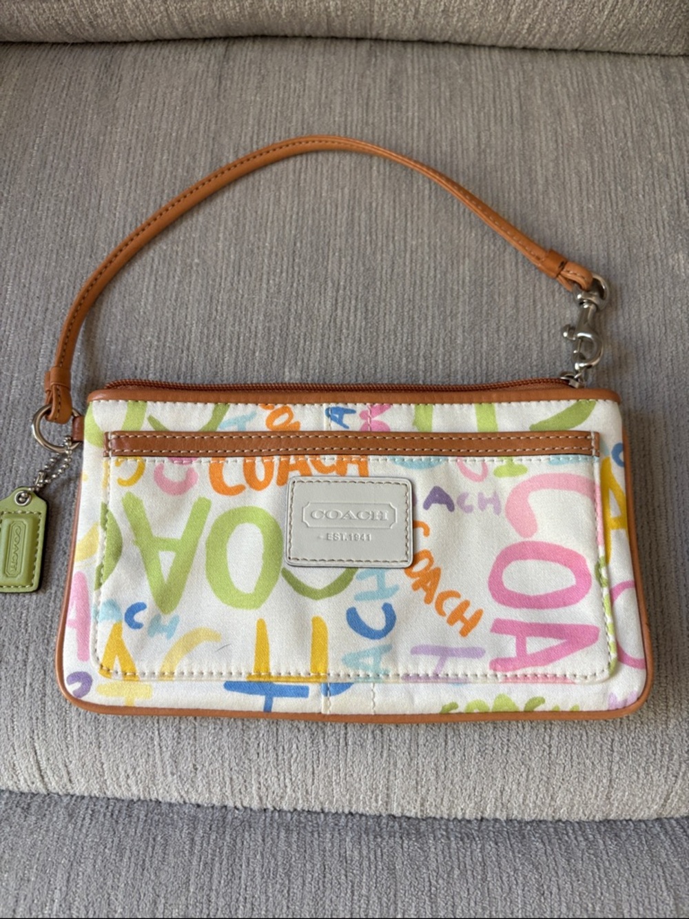 Coach Multicolor Graffiti Canvas Wristlet with Tan Strap